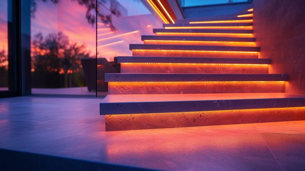 Open staircase with LED strips and installation tools, warm glow.