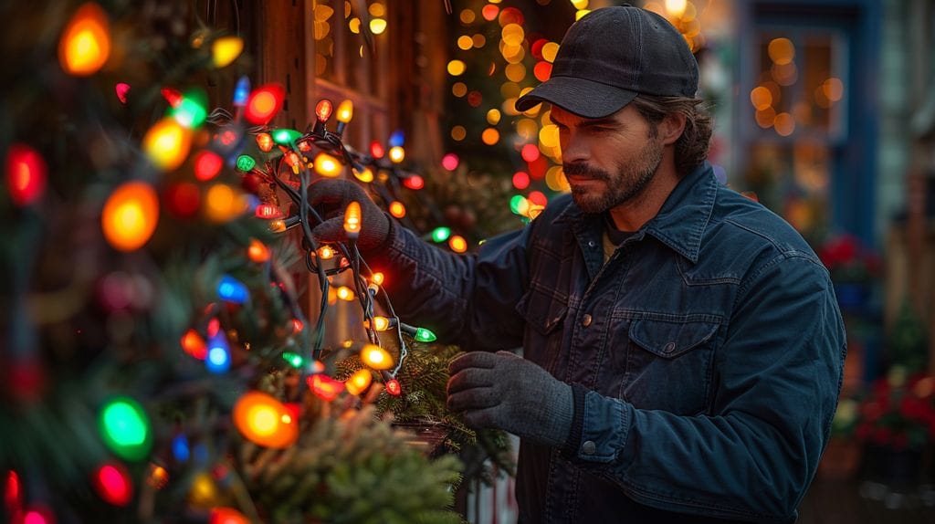 Person carefully inspecting a half strand of LED Christmas lights, with a tool kit nearby, showcasing safety precautions in handling and repairing lights