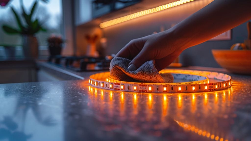 Person cleaning LED strips for maintenance