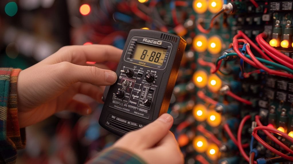 Person holding a multimeter testing the electrical connection of RGB LED Rock Lights, showing wire connections, voltage readings, and troubleshooting process.