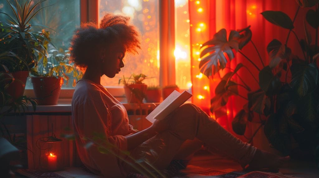 Person reading comfortably under soft red LED light.