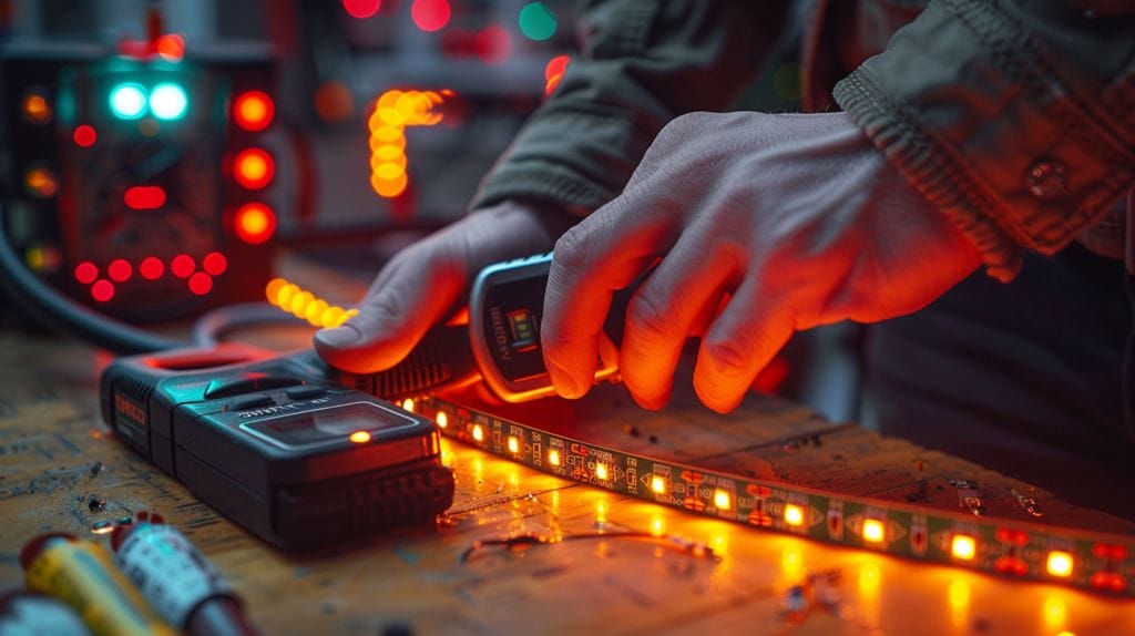 Person testing LED strip voltage with multimeter and tools.