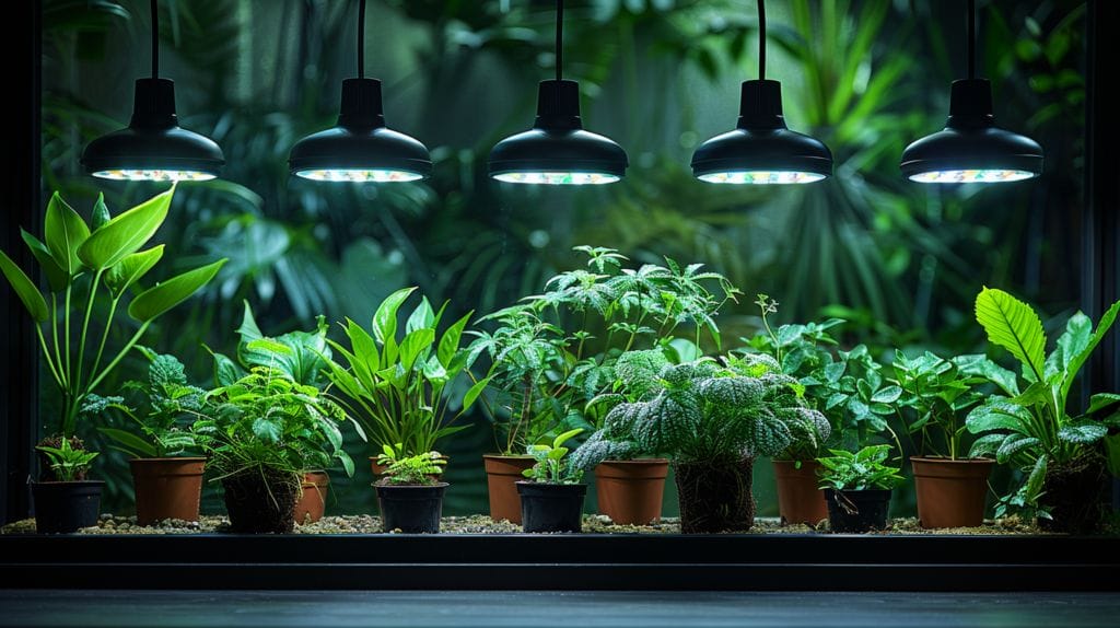 Plants positioned optimally under a LED light.