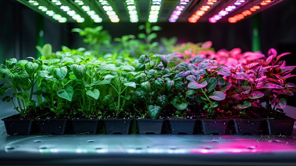 Plants under LED lights showing growth results.