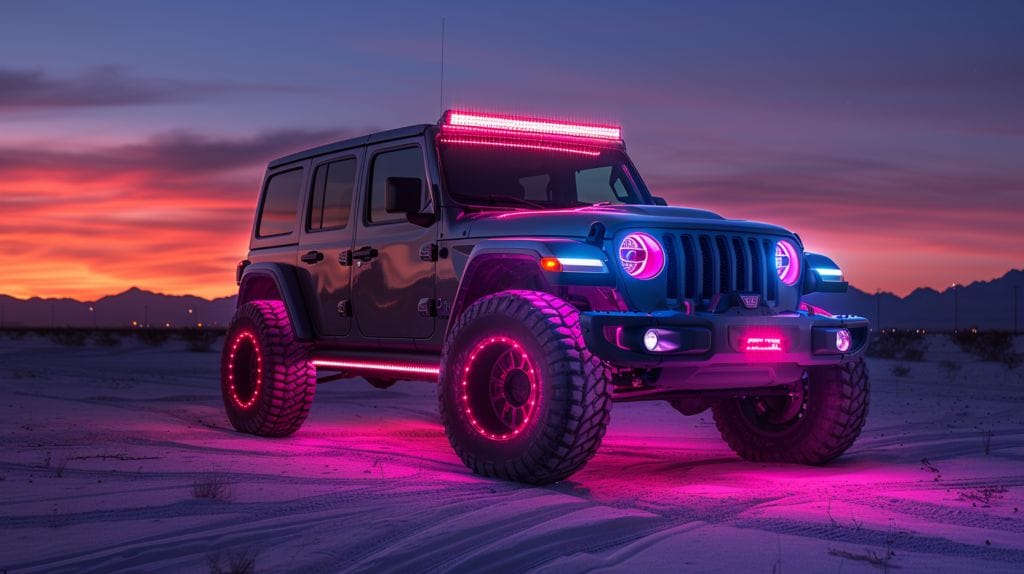 RGB LED Rock Lights Installation Instructions featuring RGB LED rock lights illuminating an off-road vehicle at night, highlighting vibrant colors and unique style.

