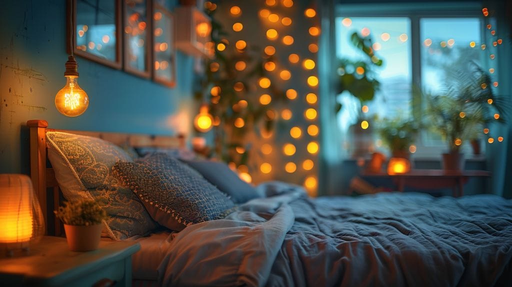 Serene bedroom, soft lighting, contrasting buzzing LED.