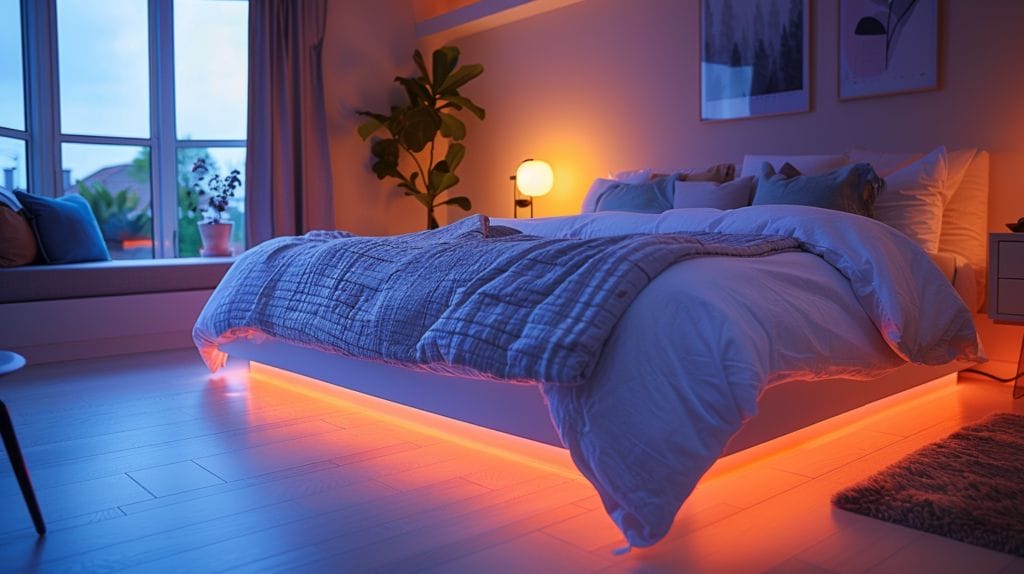 Serene bedroom with soft, warm white LED lights.