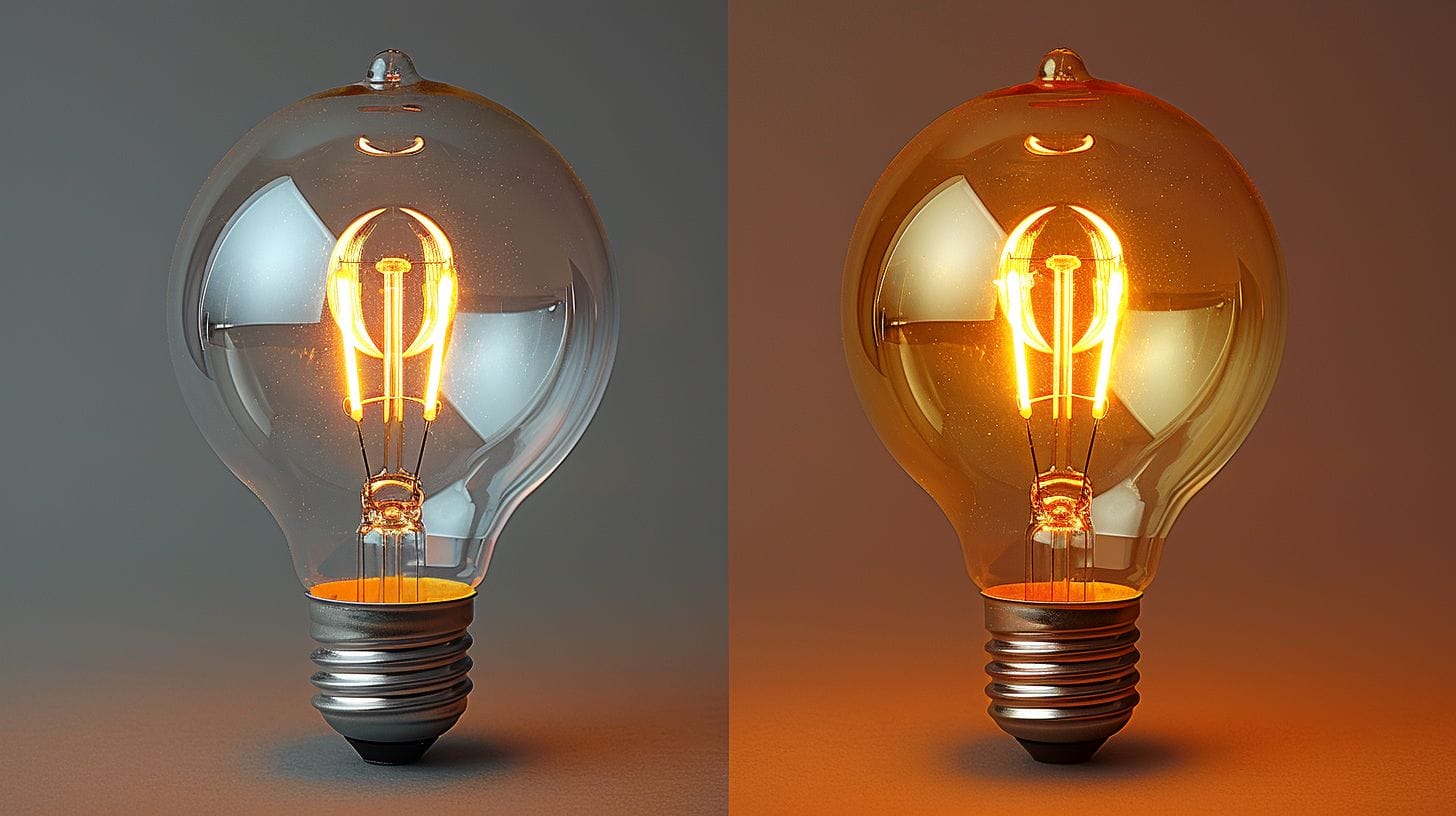 Side-by-side comparison of incandescent, CFL, and LED light bulbs, showing brightness levels and energy efficiency
