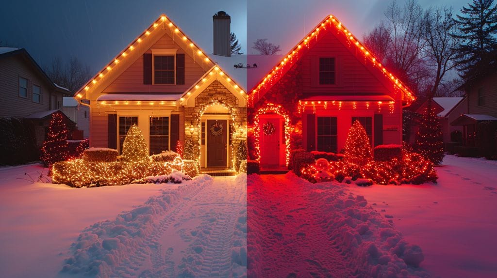 Side by side image of two sets of Christmas lights traditional incandescent lights emitting a warm glow, and vibrant, bright LED lights.