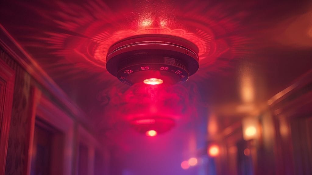 Smoke detector with focused red light on blurred ceiling