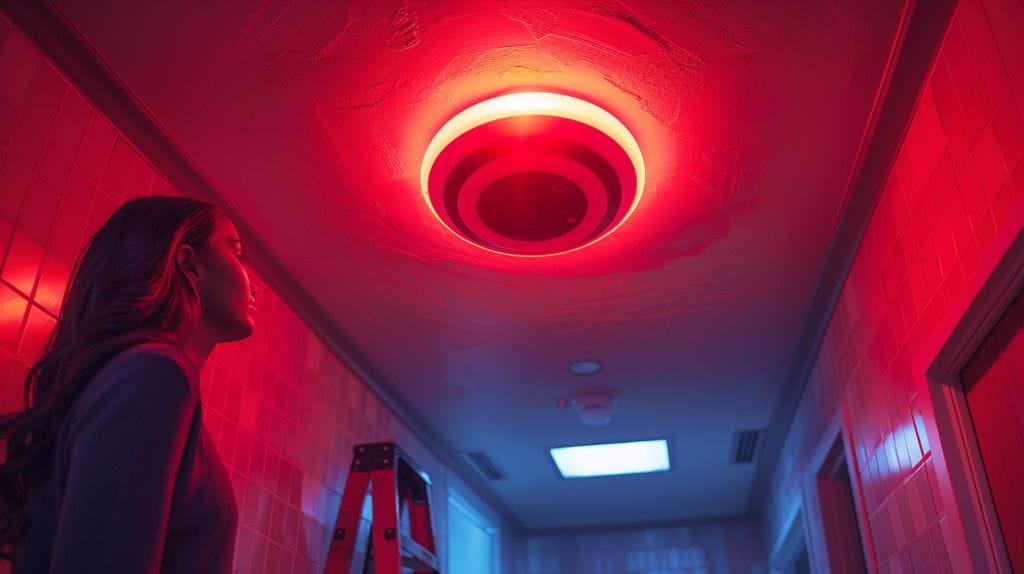 Smoke detector with red light, ladder, and person looking up