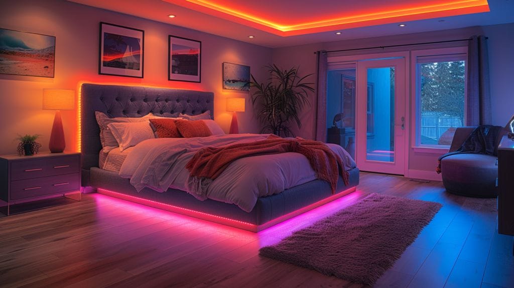 Spacious bedroom adorned with vibrant LED lights that trace the edges of the ceiling and frame the headboard, enhancing the room's ambiance.