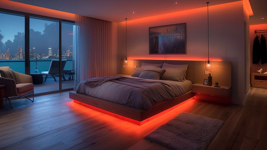 Spacious bedroom showcasing LED ceiling lights that emit a warm glow, enhancing the room's decor and creating a cozy ambiance.