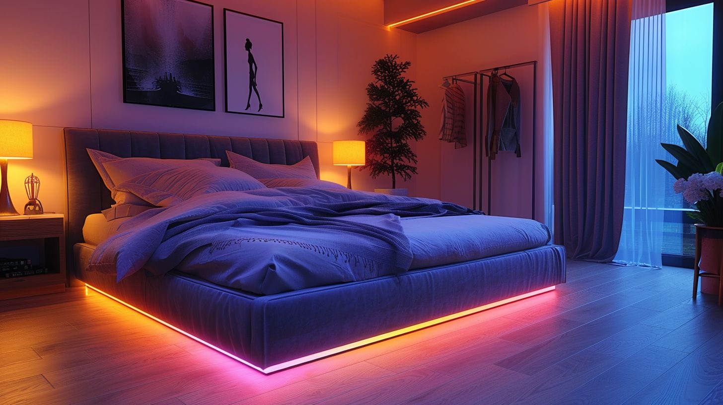 Spacious bedroom with LED lights reflecting off a luxe velvet headboard, creating a warm ambiance.