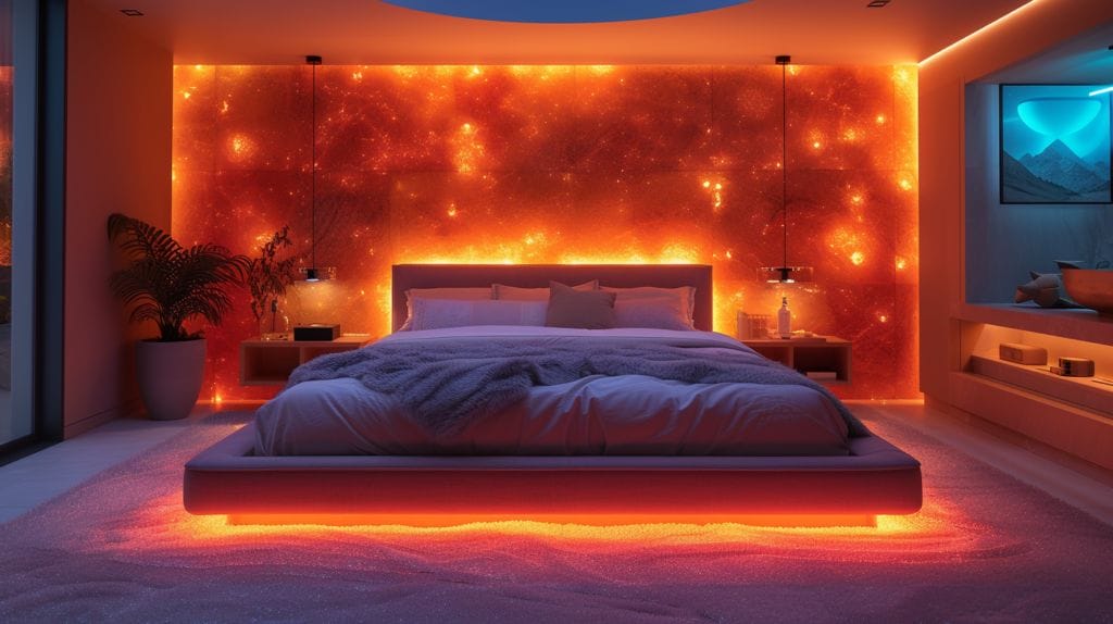 Spacious bedroom with vibrant LED lights cascading from the ceiling, enhancing the room's decor and ambiance.