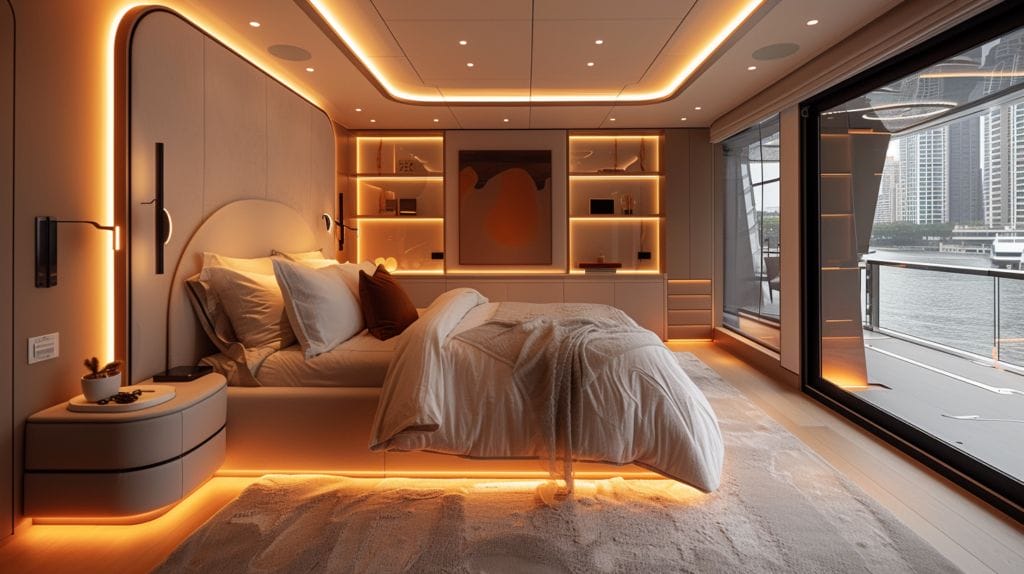 Spacious bedroom with vibrant LED strip lights tracing the edges of the ceiling, bedframe, and shelves, adding to the ambiance.