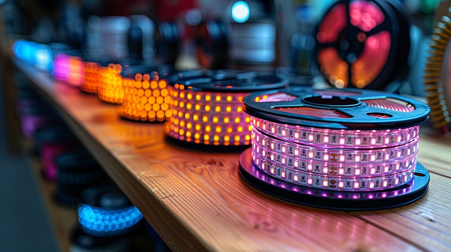 Spools of wire in various gauges with a 12V LED strip.