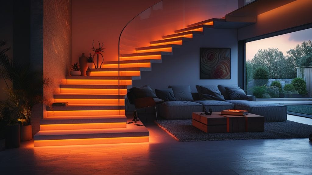 Staircase at twilight with LED strips and motion sensors, modern automation.