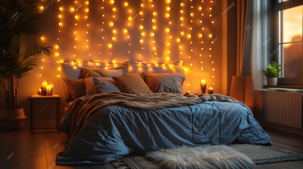 Tranquil bedroom, LED lights, warm colors, cozy atmosphere.