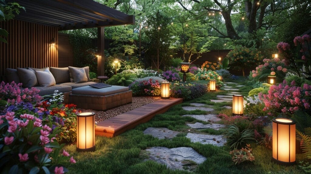 A backyard garden at night, featuring a variety of solar lights strategically placed to highlight key focal points such as a blooming flower bed, a cozy sitting area, and a winding pathway.