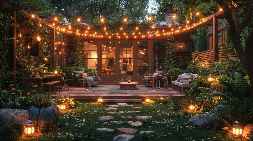 A backyard patio at dusk, adorned with decorative solar string lights weaving through lush greenery and hanging from a pergola, casting a warm and inviting glow.