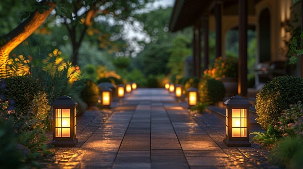 A bright driveway entrance with solar lights and maintenance tools nearby.