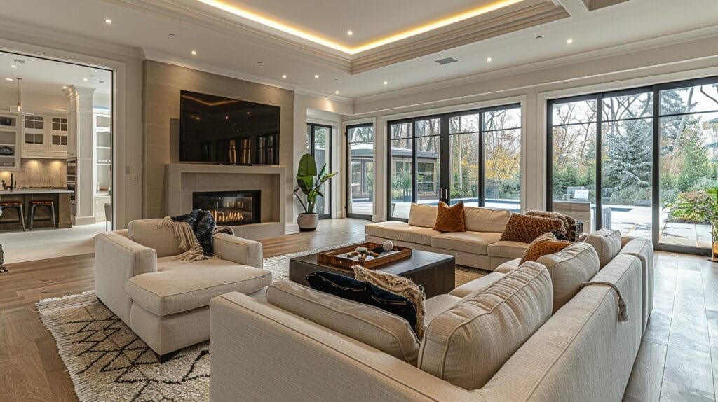A detailed layout of a family room with strategic placement of recessed lighting to effectively illuminate the space.