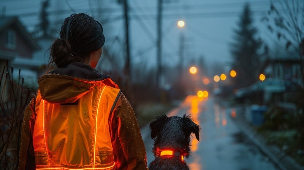 A dog walker on a dark street wearing a reflective vest, using an LED collar light on the dog, illuminating the path.
