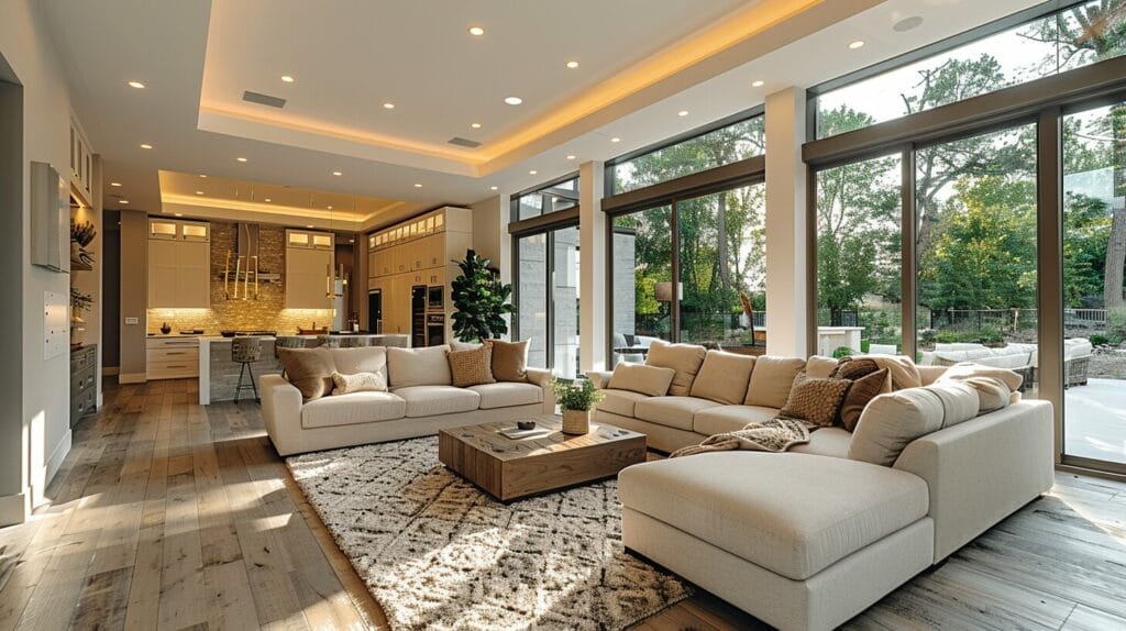 A family room and living room with diverse recessed lighting fixtures in various layouts, emphasizing key areas of lighting for a comfortable and well-lit space.