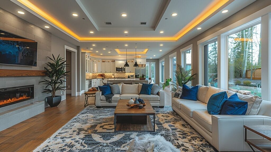 A family room with a well-planned layout of multiple recessed lights evenly spaced across the ceiling, highlighting the room's illumination.