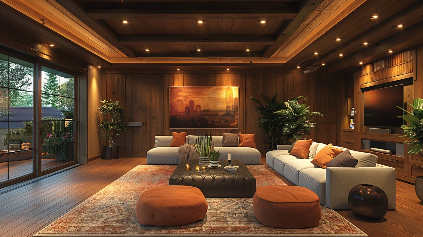 A family room with recessed lights strategically placed to illuminate different areas like seating areas