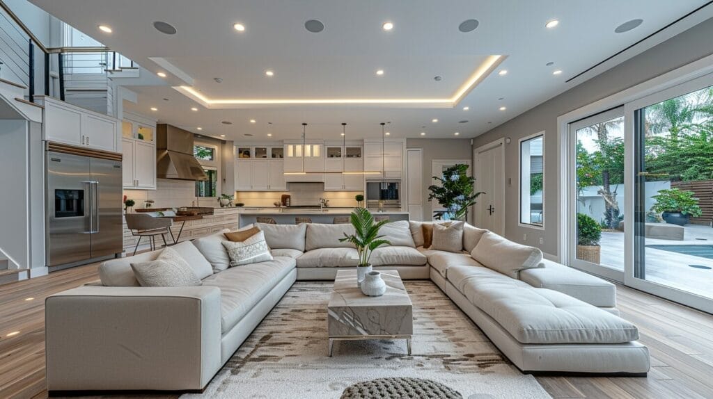 A family room with various placements and intensities of recessed lights, demonstrating how to determine the purpose of lighting and the number of lights needed.