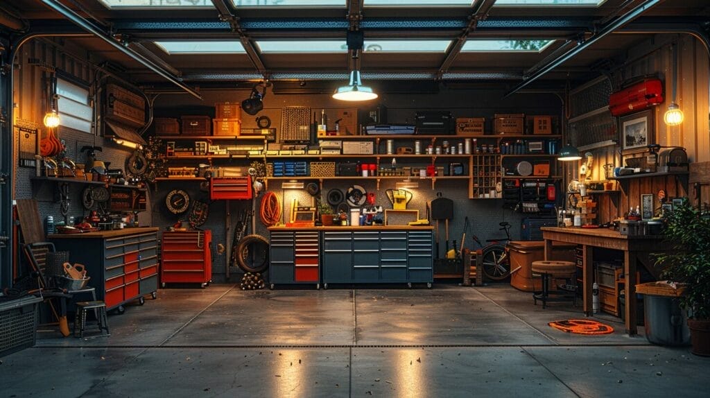 A garage transformed from a dim, cluttered area to a well-lit, organized space, lit by top-rated screw-in LED lights.