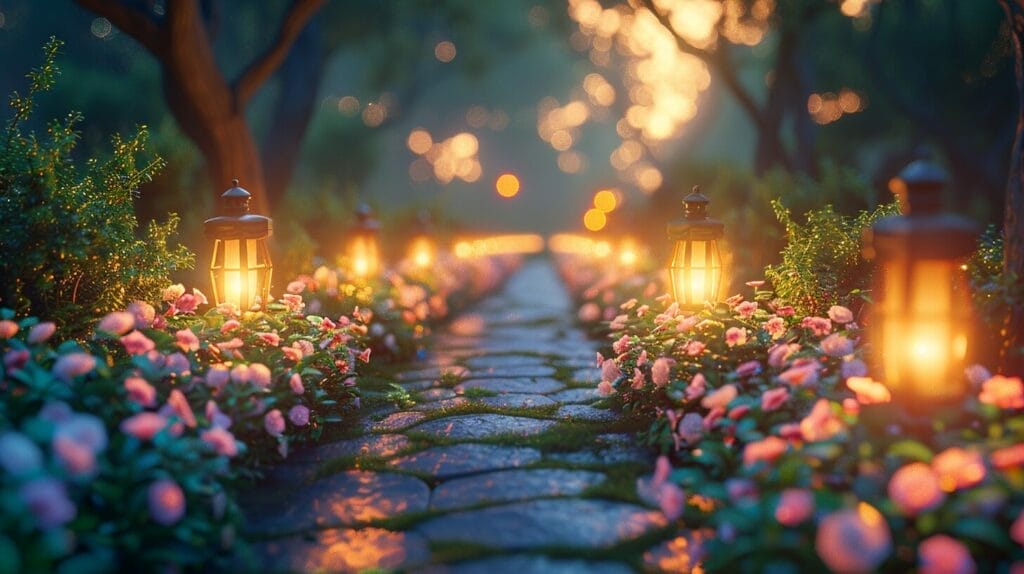 A garden path lined with evenly dispersed, glowing solar lights, casting a soft, warm light on the surrounding plants and flowers, creating a welcoming atmosphere.