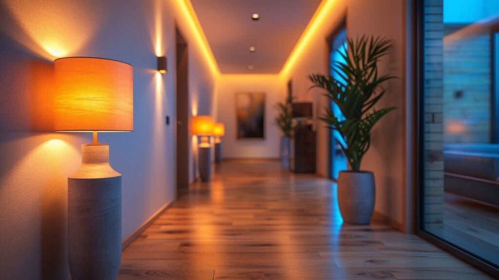 A hallway illuminated by a sleek, modern light fixture at the ideal height, casting a warm and inviting glow.