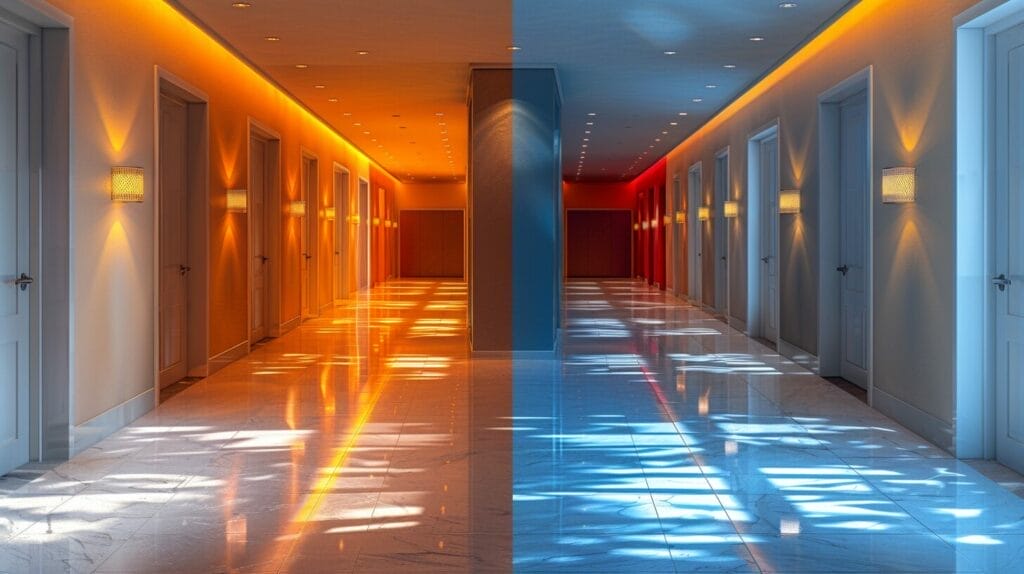  A hallway under dim, flickering light contrasted with bright, evenly spaced lights, emphasizing the importance of proper lighting.