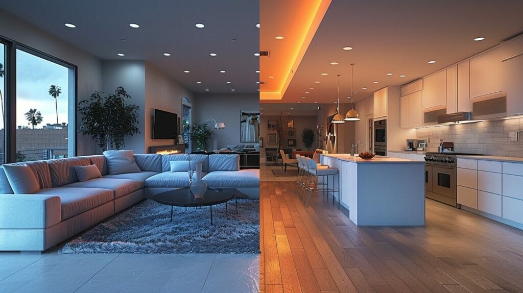 A homeowner effortlessly upgrading their smart lighting system with new bulbs, fixtures, and controllers, with a before-and-after comparison highlighting enhanced functionality and ambiance.