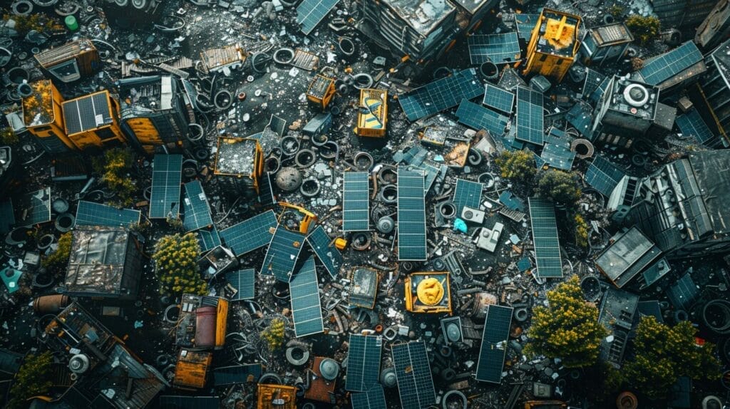 A large landfill filled with discarded, broken solar panels, warning signs and environmental hazard symbols illustrating the impact of improper disposal.