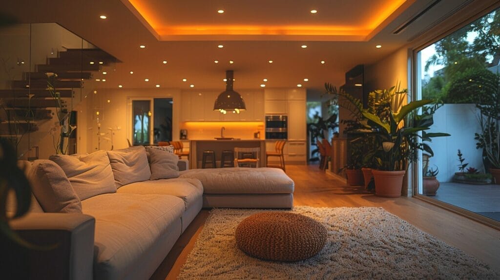 A living room featuring a variety of lighting options including floor lamps, pendant lights, and recessed lighting.