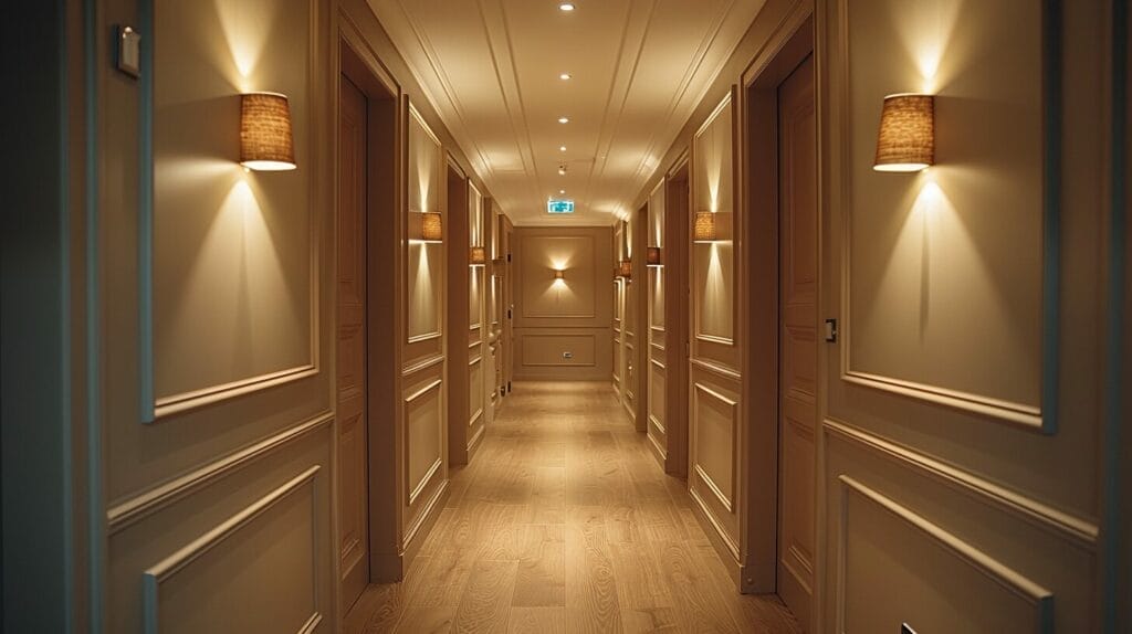 A long, narrow hallway featuring five distinct types of overhead lights, each with a unique style and illumination level.