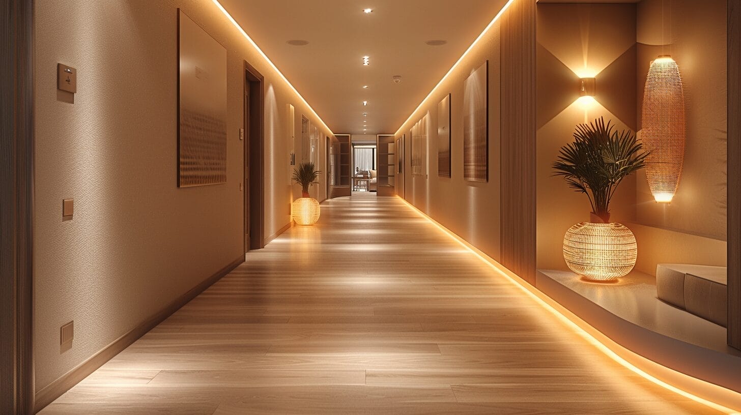 A long, narrow hallway illuminated by diverse, stylish modern light fixtures, each emitting a unique glow.