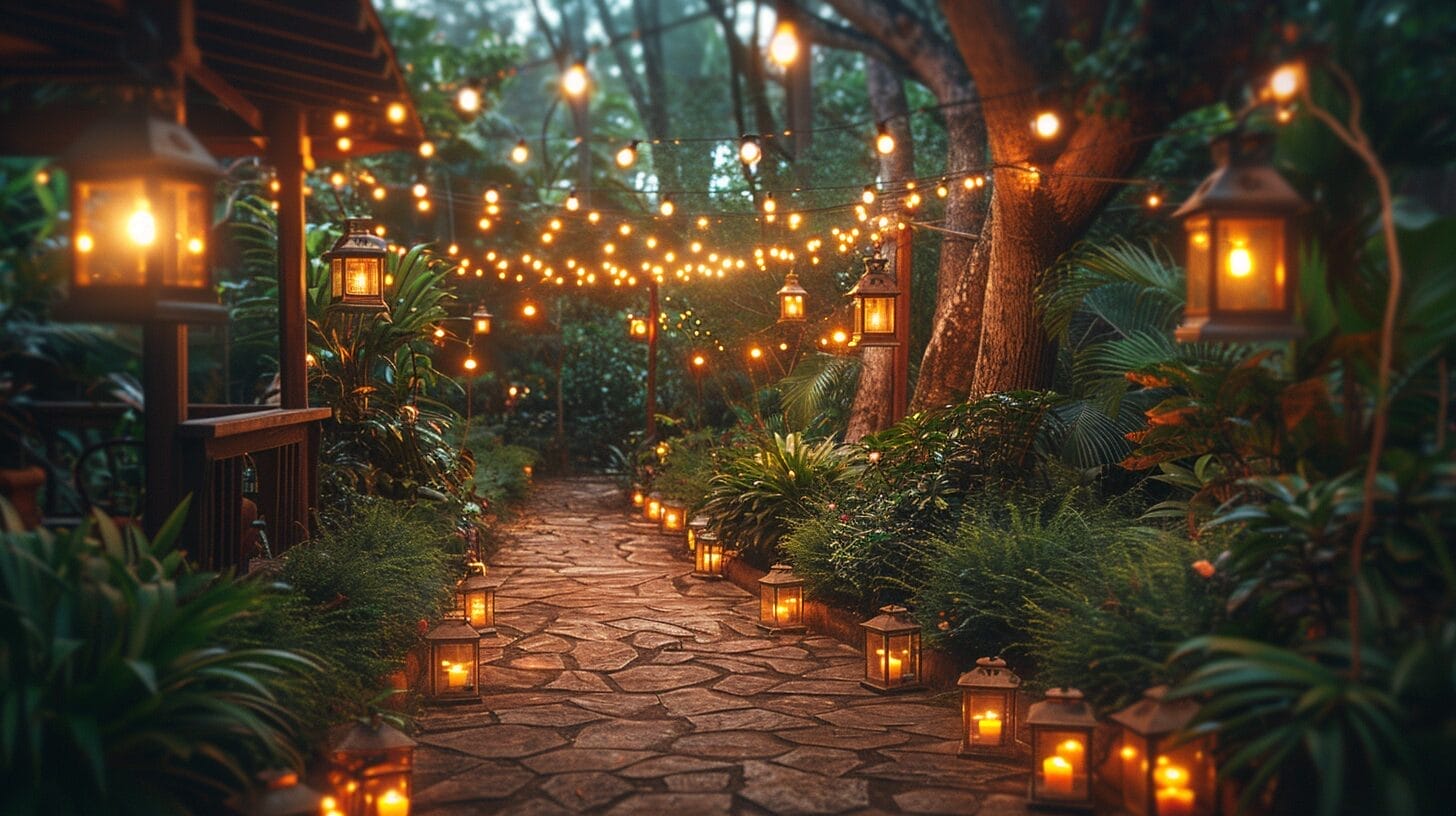 A lush, green garden at nighttime, illuminated by various solar lights including hanging lanterns, pathway markers and string lights wrapped around trees and shrubs.