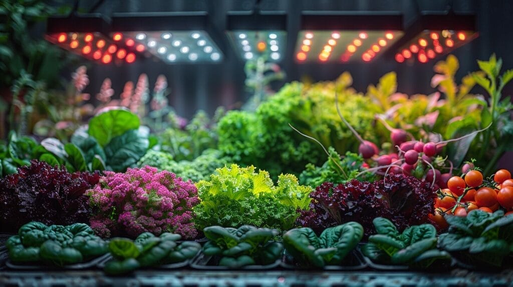 A lush vegetable garden thriving under a powerful LED grow light, showcasing vibrant colors, healthy plants, and abundant produce.