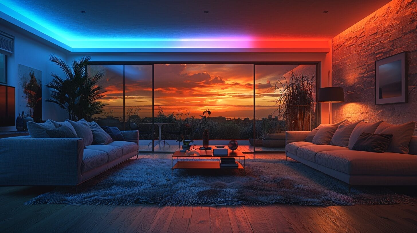A modern living room illuminated with versatile smart lighting, demonstrating a range of brightness levels, colors, and settings.