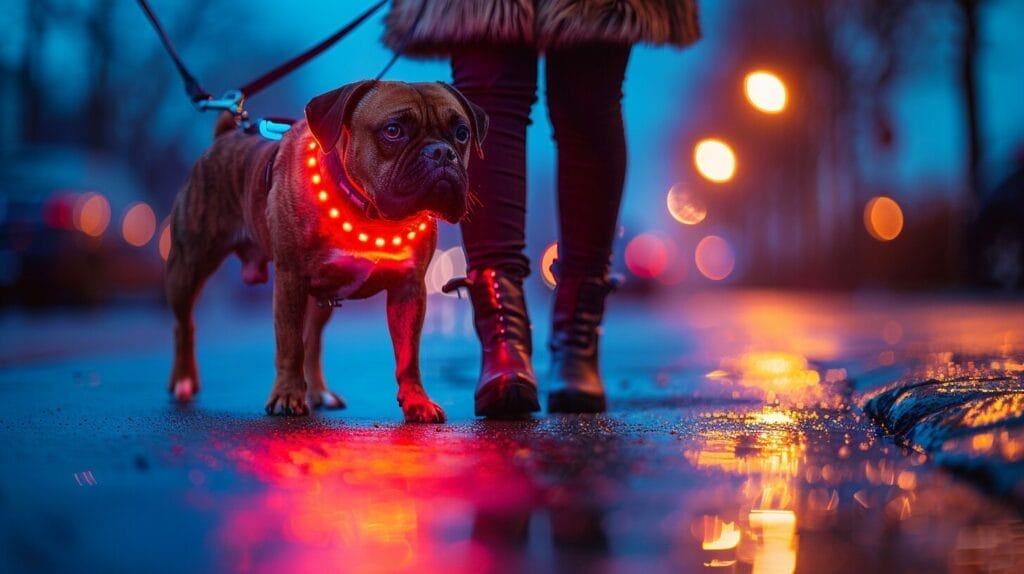 A person and a dog on a night walk, equipped with various lights on the collar, leash, and jacket for visibility and safety.