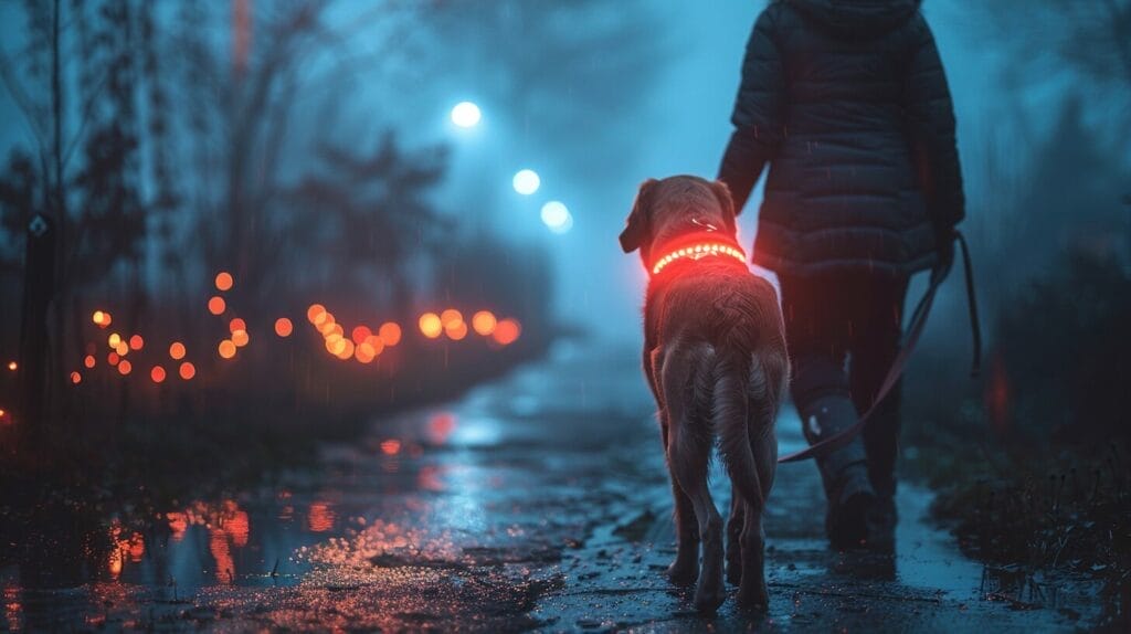 A person and their dog on a night walk, with a bright LED light on the dog's collar illuminating the path.