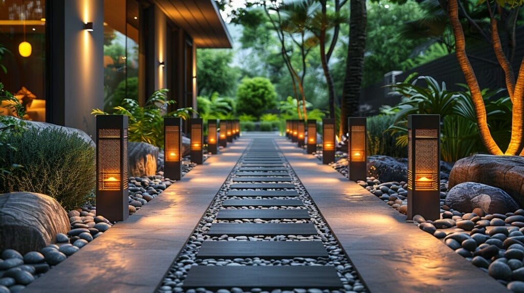 Best Solar Driveway Lights featuring A practical and aesthetic image of a driveway illuminated by solar lights.