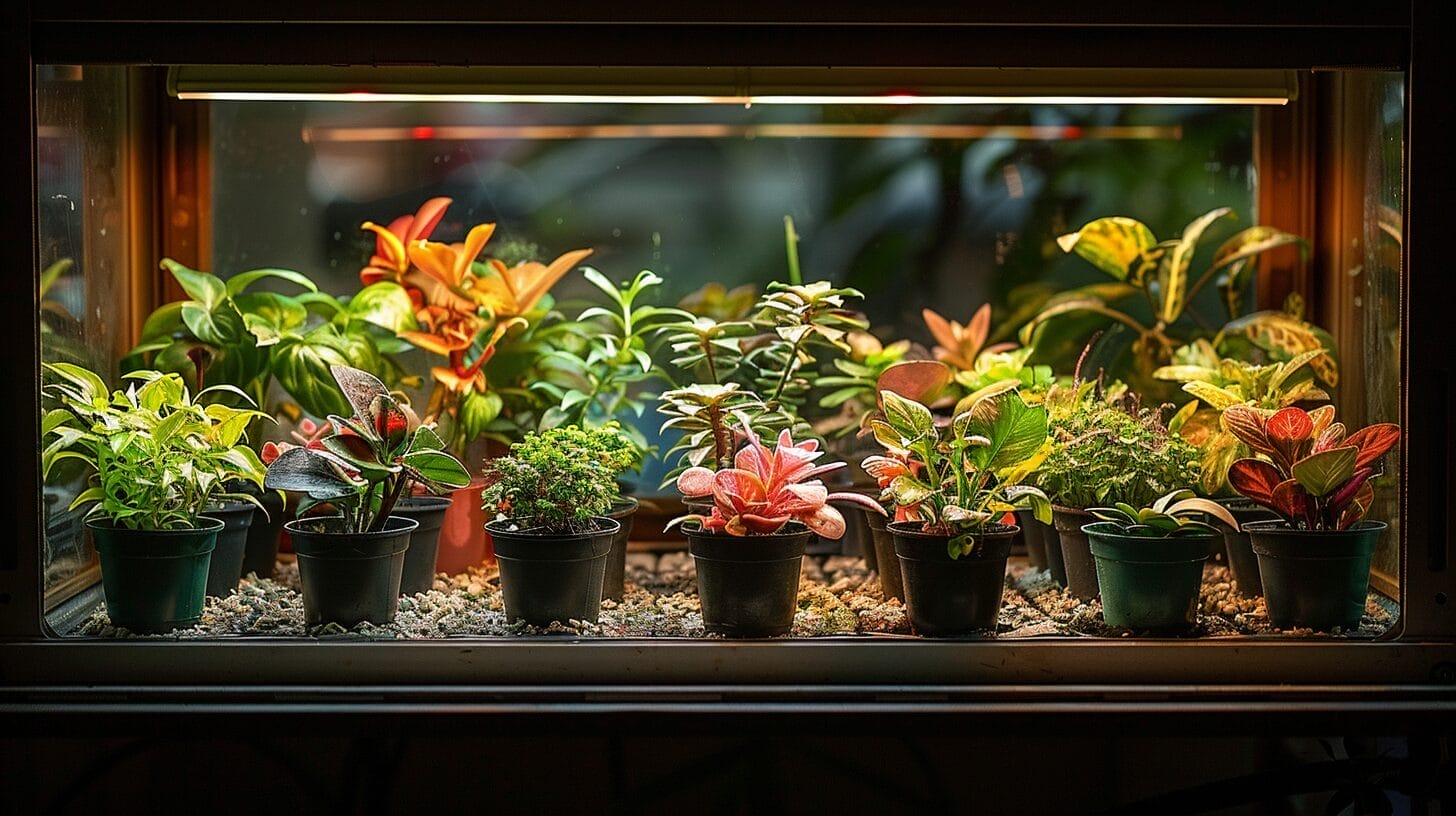 A thriving green houseplant under a warm, budget-friendly grow light on a simple stand.