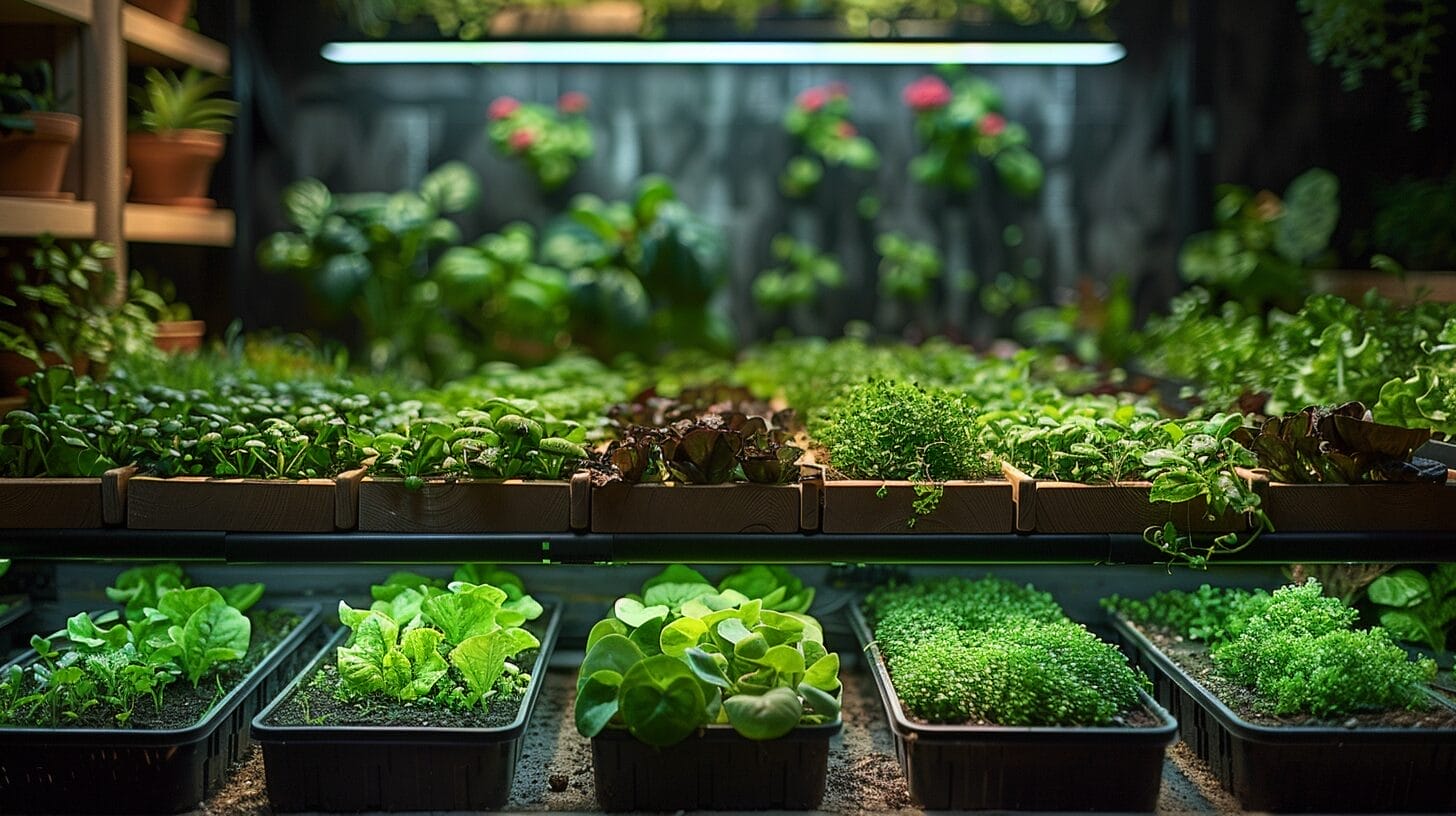 A vibrant vegetable garden illuminated by a powerful LED grow light, showcasing lush growth and healthy plants.