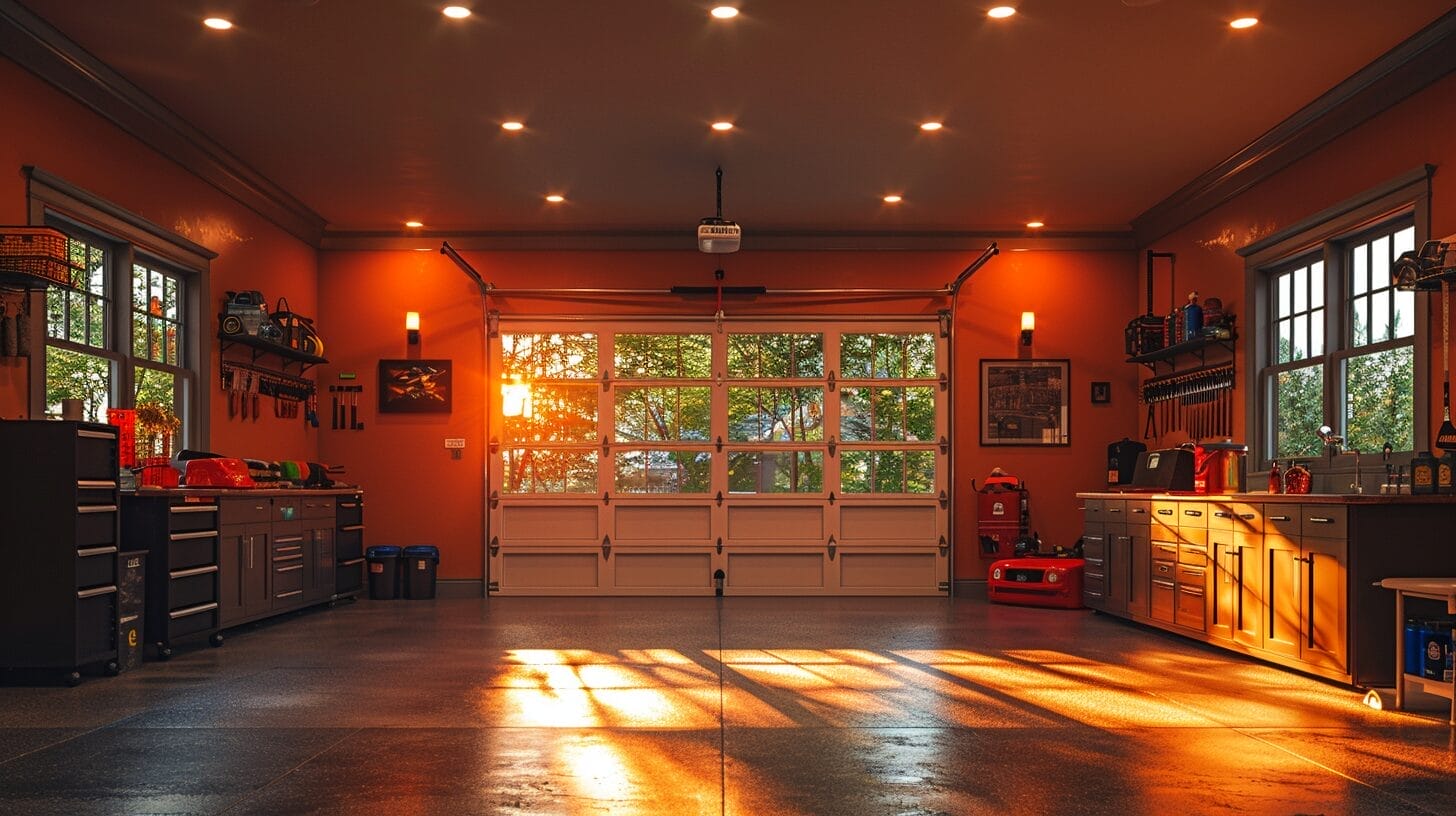 A well-lit garage illuminated by multiple energy-efficient and durable screw-in LED bulbs.